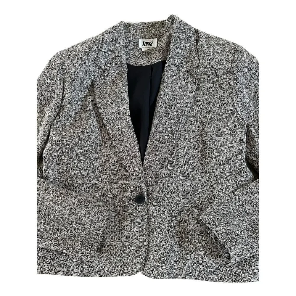 Vintage 80s Single Button Blazer Black & White Speckled Lucia size Large - Picture 6 of 7